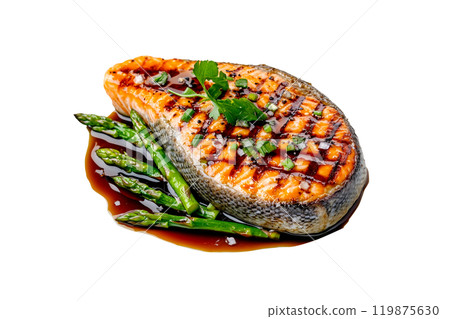 Grilled salmon steak with green asparagus and teriyaki sauce isolated on a white transparent background. Concept of healthy eating and gourmet cuisine Grilled salmon steak with green asparagus and teriyaki sauce isolated on a white transparent background. Concept of healthy eating and gourmet cuisine 119875630