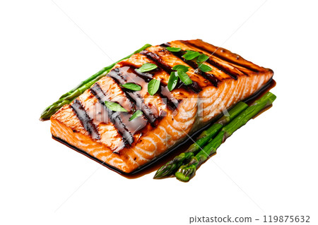 Grilled salmon steak with green asparagus and teriyaki sauce isolated on a white transparent background. Concept of healthy eating and gourmet cuisine 119875632