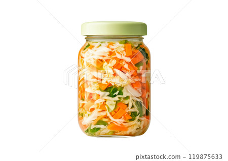 Jar filled with colorful pickled  vegetables including cabbage, carrots, and peppers isolated on a white transparent background. Concept of homemade pickles and sauerkraut 119875633