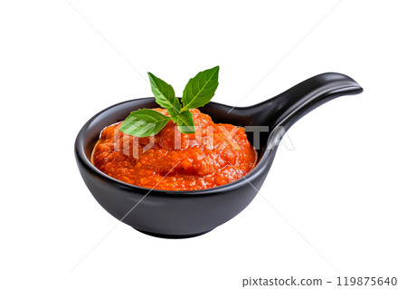 Delicious fresh Sambal Oelek Sauce with a red chili pepper, the perfect accompaniment to any meal. Delicious fresh Sambal Oelek Sauce with a red chili pepper, the perfect accompaniment to any meal. 119875640