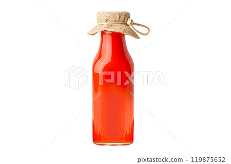 Bottle of red hot Tabasco sauce with chili peppers and leaves on a white background. Concept of spicy food and condiments Bottle of red hot Tabasco sauce with chili peppers and leaves on a white background. Concept of spicy food and condiments 119875652
