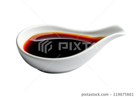 A white porcelain dish containing dark soy sauce Teriyaki isolated on white transparent background. A white porcelain dish containing dark soy sauce Teriyaki isolated on white transparent background. 119875661