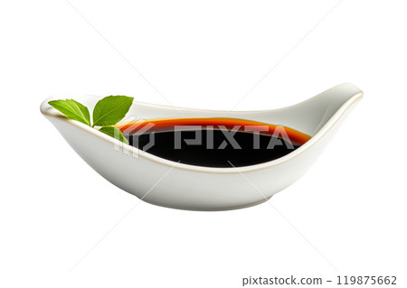 A white porcelain dish containing dark soy  sauce Teriyaki isolated on white transparent background. 119875662