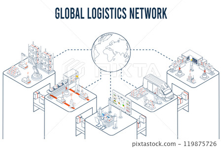 Global logistics network coordinates transportation, supply chain management (SCM), and operations across companies worldwide to deliver efficient logistics services. Vector illustration EPS 10 Global logistics network coordinates transportation, supply chain management (SCM), and operations across companies worldwide to deliver efficient logistics services. Vector illustration EPS 10 119875726