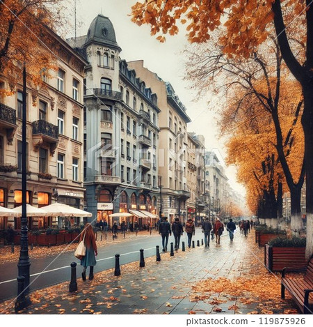 Illustration of an autumn town with a mix of old and modern buildings 119875926