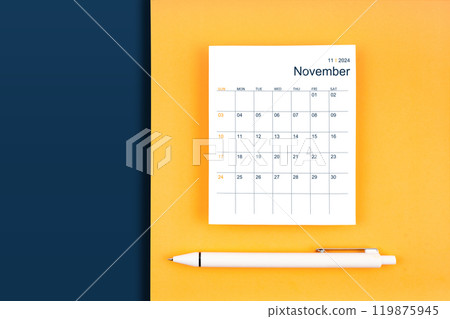 November 2024 calendar card for 2024 year on blue and yellow background. November 2024 calendar card for 2024 year on blue and yellow background. 119875945