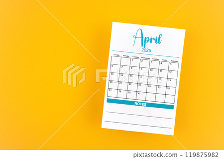 April 2025 calendar page on yellow background. April 2025 calendar page on yellow background. 119875982