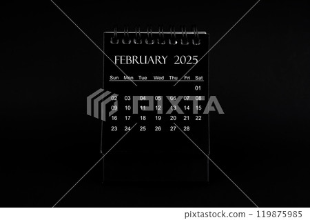 Black Calendar for February 2025. Desktop calendar on a black background. 119875985