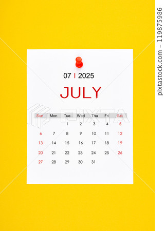 July 2025 calendar page with push pin on yellow background. 119875986