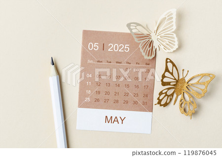 May 2025 calendar card for the organizer to plan and reminder and butterfly paper on yellow. 119876045