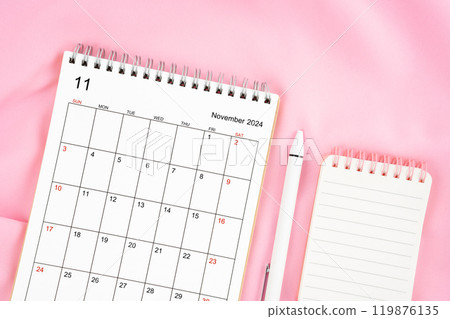 November 2024 month calendar and pen with open diary on pink fabric background. November 2024 month calendar and pen with open diary on pink fabric background. 119876135