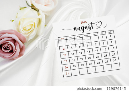August 2025 calendar page and rose flower on white satin textile. 119876145