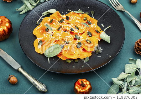 Fall pumpkin ravioli drizzled with sage. Fall pumpkin ravioli drizzled with sage. 119876302