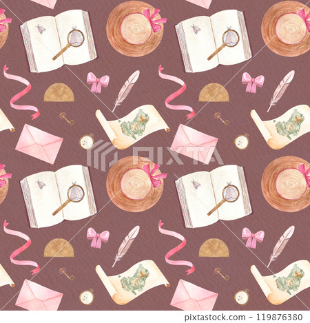 Hardcover open book with magnifying glass and moth, pocket watch, sun hat and pink ribbons watercolor seamless pattern on grey pink. Hand painted for bookstore, wrapping paper girly vintage design 119876380