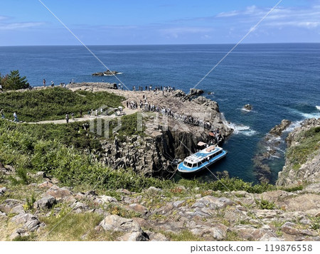 Summer sightseeing boat at Tojinbo, a famous tourist spot in Fukui Prefecture, Hokuriku 119876558