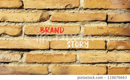 Brand story symbol. Concept words Brand story on beautiful brown brick wall. Beautiful brown brick wall background. Business brand story concept. Copy space. 119876663
