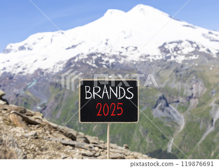 Planning brands 2025 new year symbol. Concept words Brands 2025 on beautiful yellow chalk blackboard. Beautiful mountain Elbrus background. Business brands 2025 new year concept. Copy space. 119876691