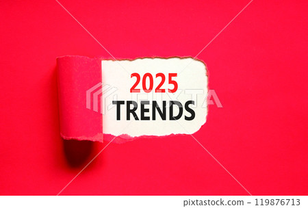Planning 2025 trends new year symbol. Concept words 2025 Trends on beautiful white paper. Beautiful red paper background. Business 2025 trends new year concept. Copy space. 119876713