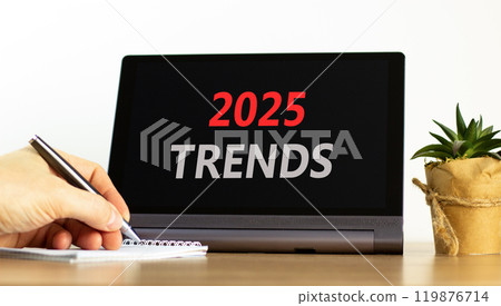 Planning 2025 trends new year symbol. Concept words 2025 Trends on beautiful black tablet. Beautiful white background. Businessman hand. Business 2025 trends new year concept. Copy space. 119876714
