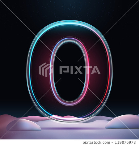 3D number zero with neon light insight. Glass symbol with sparkles and winter background. Futuristic holiday decoration. Element for design poster, advertisign or game 3D number zero with neon light insight. Glass symbol with sparkles and winter background. Futuristic holiday decoration. Element for design poster, advertisign or game 119876978