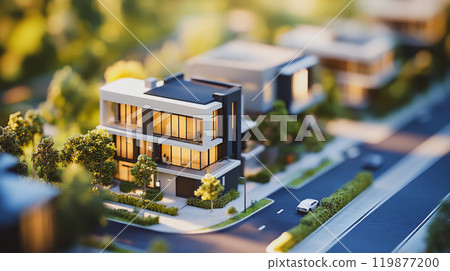 Modern townhouse and villa community living Architectural model Stunning house with lush greenery in a tranquil outdoor set. Row houses. Real estate This is AI-generated item 119877200
