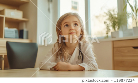 A little girl of 6 years old sits at a table in a hospital office and dreamily looks up imagining herself a pediatrician doctor. World Health Day. This is AI-generated item 119877224