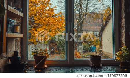 Pots with flowers on window sill, autumn landscape with yellowed trees outside the window with raindrops. Fall season rural house, cottage. Cozy home. This is AI-generated item Pots with flowers on window sill, autumn landscape with yellowed trees outside the window with raindrops. Fall season rural house, cottage. Cozy home. This is AI-generated item 119877236