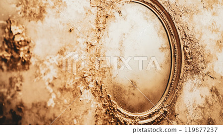 Antique ornate old vintage oval mirror in a golden frame on a gold stucco wall. Textured shabby surface. Witchcraft, mysticism, gothic, Halloween. This is AI-generated item 119877237
