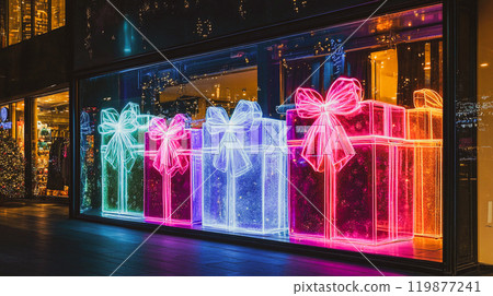 Colorful neon gift boxes tied with bows in a storefront window. Black Friday discounts and sales. Buying gifts for winter holidays. Christmas New year This is AI-generated item 119877241