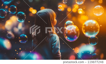 A little girl among colorful soap bubbles. The magic of childhood. Baby child in magical world. Wonderful world. Spiritual poster for children's room. This is AI-generated item 119877248