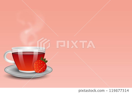Cup of hot fruit with strawberries on a saucer side view on a pastel background 119877314