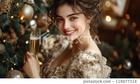 Woman in dress holding champagne glass at Christmas party 119877318