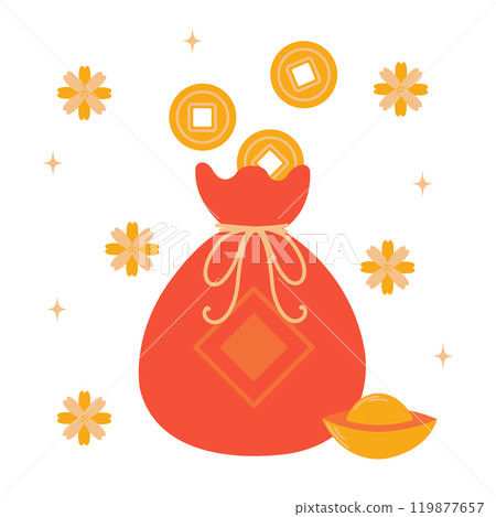Chinese money bag with a lot of gold coins. Spring festival, lunar new year, Chinese new year concept. Flat vector illustration. Chinese money bag with a lot of gold coins. Spring festival, lunar new year, Chinese new year concept. Flat vector illustration. 119877657
