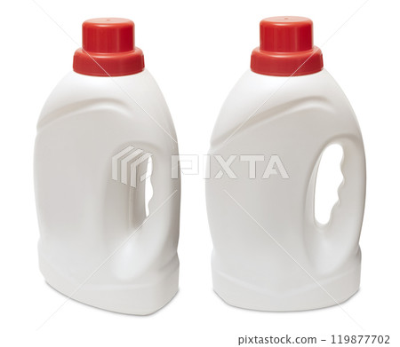 White blank plastic detergent bottles with red caps and side handles. These containers are ideal for packaging liquid laundry detergent, fabric softener, or other household cleaning solutions. 119877702