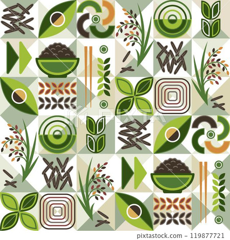 Seamless pattern with icons of wild black rice, geometric shapes on mosaic background. For branding, decoration of food package, prints Seamless pattern with icons of wild black rice, geometric shapes on mosaic background. For branding, decoration of food package, prints 119877721