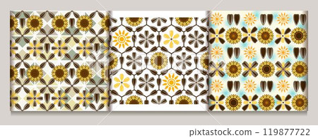 Sunflower seamless geometric patterns with icons of flower heads, black striped seeds, sun. Simple flat geometric style. For branding, food packaging, prints Sunflower seamless geometric patterns with icons of flower heads, black striped seeds, sun. Simple flat geometric style. For branding, food packaging, prints 119877722