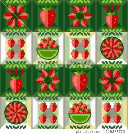 Strawberry seamless pattern with icons, abstract geometric shapes. Ripe berries on bowl, on plate on horizontal striped mosaic background. Simple flat style. For branding, food packaging, prints. Strawberry seamless pattern with icons, abstract geometric shapes. Ripe berries on bowl, on plate on horizontal striped mosaic background. Simple flat style. For branding, food packaging, prints. 119877723