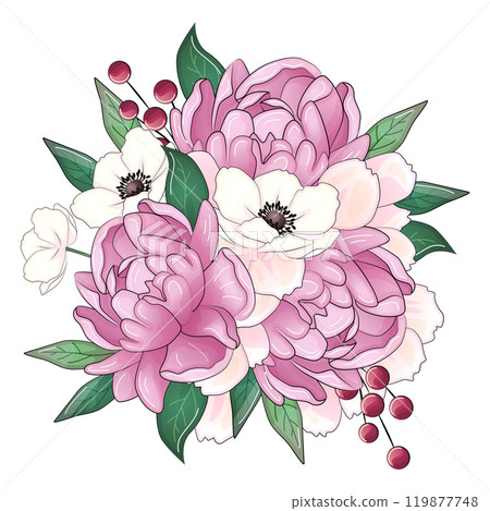 Realistic vector flowers petals buds bouquets. Anemones, peonies, pansies, magnolia Realistic vector flowers petals buds bouquets. Anemones, peonies, pansies, magnolia 119877748