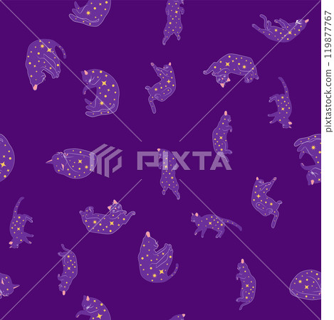 Mystical seamless pattern of cats in boho style, silhouette collection. Esotericism and mysticism, occultism. Mystical seamless pattern of cats in boho style, silhouette collection. Esotericism and mysticism, occultism. 119877767