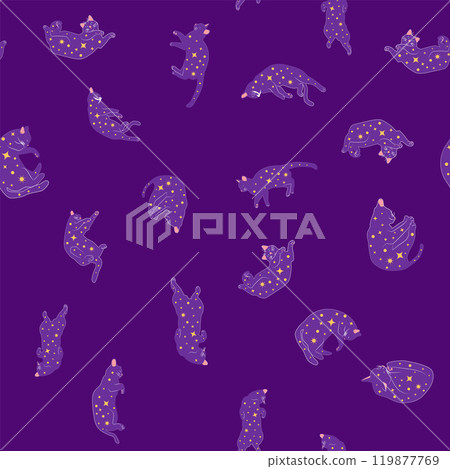 Mystical seamless pattern of cats in boho style, silhouette collection. Esotericism and mysticism, occultism. Mystical seamless pattern of cats in boho style, silhouette collection. Esotericism and mysticism, occultism. 119877769