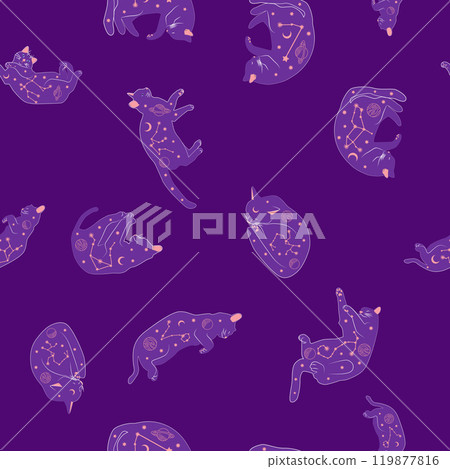 Mystical seamless pattern of cats in boho style, silhouette collection. Witchcraft and magic 119877816