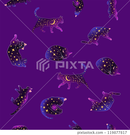 Mystical seamless pattern of cats in boho style, silhouette collection. Witchcraft and magic Mystical seamless pattern of cats in boho style, silhouette collection. Witchcraft and magic 119877817