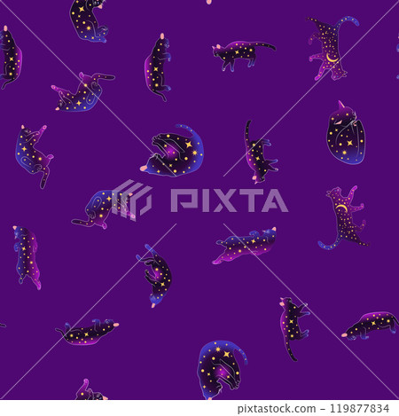 Mystical seamless pattern of cats in boho style, silhouette collection. Witchcraft and magic 119877834