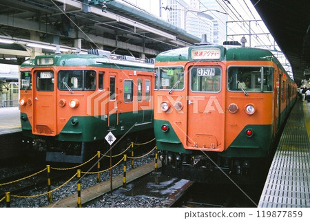 Tokaido Main Line 113 series train stopping in Tokyo 119877859