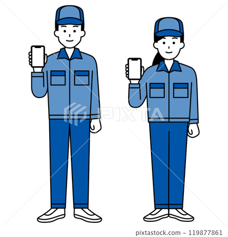 身穿工作服的男女一組，展示智慧型手機螢幕（全身） 119877861