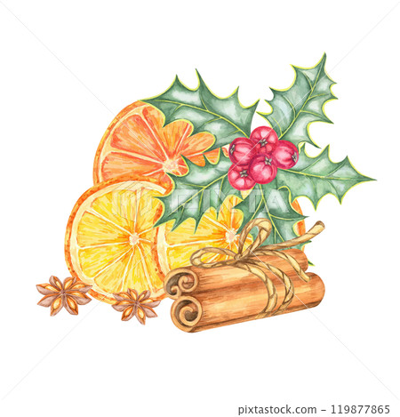 Orange slices, cinnamon sticks, and holly leaves with berries. Watercolor clipart for winter holiday designs, greeting cards, and gift packaging. Adds a festive element to various seasonal projects Orange slices, cinnamon sticks, and holly leaves with berries. Watercolor clipart for winter holiday designs, greeting cards, and gift packaging. Adds a festive element to various seasonal projects 119877865