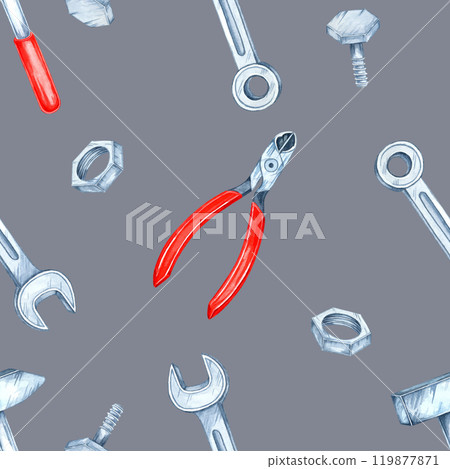 Dark gray background featuring watercolor wrenches, bolts, and red-handled pliers. Hardware tools clipart. Seamless pattern DIY theme for tech-related packaging, gift wrap, or themed merchandise 119877871