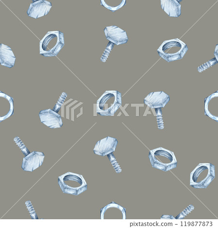 Light gray background with nuts, bolts, and screws in watercolor illustration style. Perfect for gift wrap, fabric, or web backgrounds, this seamless pattern brings a hint of industrial detail 119877873