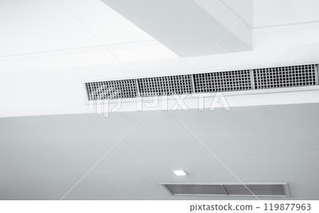 Air flow and ventilation system. Air Handling Units on ceiling walls for efficient cooling. Building ventilation. Air Handling Units and climate control systems. Ceiling-mounted ventilation units. 119877963