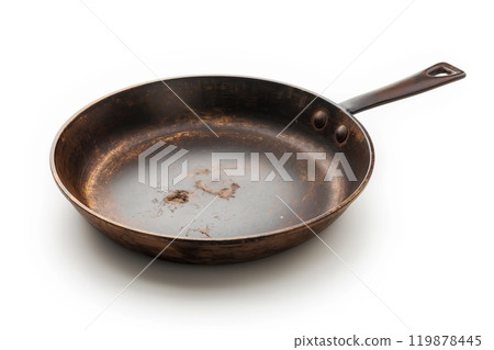 Old copper frying pan isolated on white background 119878445